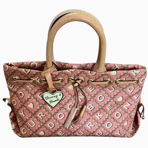 Vintage Dooney & Bourke Pink Heart Monogram Tassel Canvas Leather Tote Purse Y2K